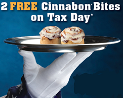 2 FREE Cinnabon Bites 2 FREE Cinnabon Bites on Tax Day, April 15th
